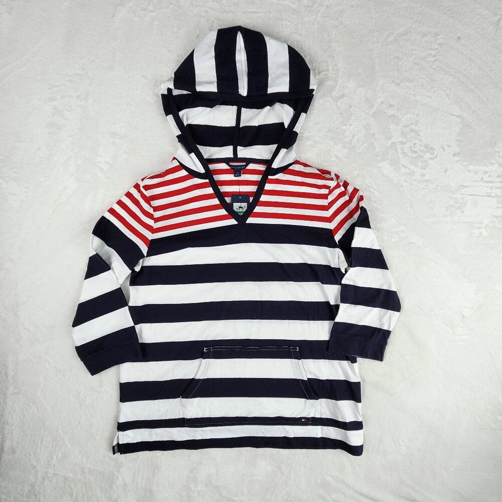 Tommy Hilfiger Kids Red Blue White Striped Lightweight Hooded Shirt Size L NEW